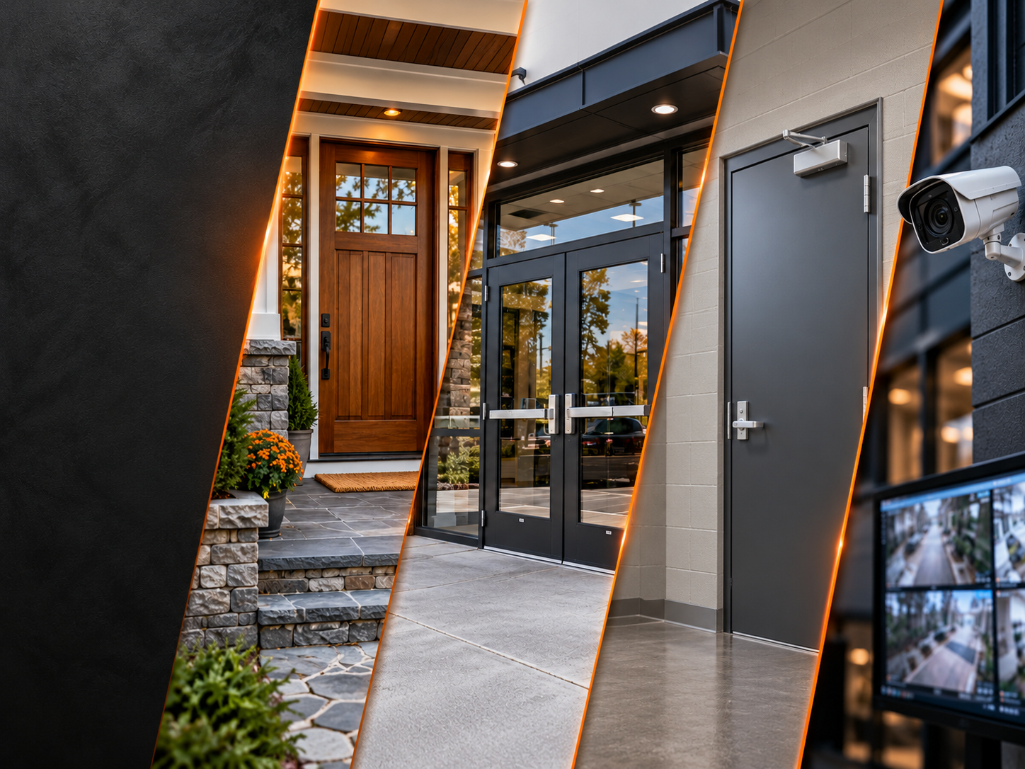 Illustration of residential, storefront and hollow metal doors with security surveillance